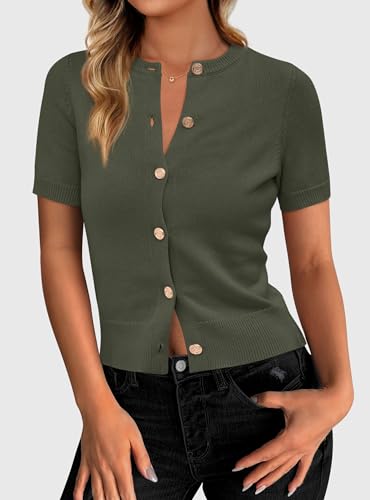 PRETTYGARDEN Womens Summer Cardigan Short Sleeve Sweater - color: Army Green, size: Small