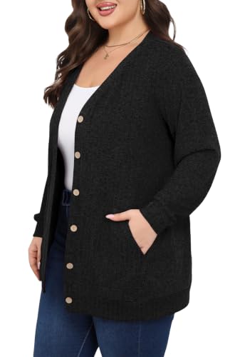 Lastshe Women Plus Size Cardigan Fall Thin Sweaters with Pockets 1X-5X - color: 01 Black, size: 1X
