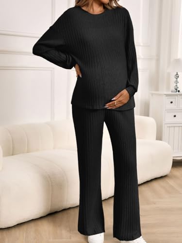 Yousify Womens Maternity Pajamas Sets 2 Piece Outfits Ribbed Knit Lounge Set - color: Black, size: Small