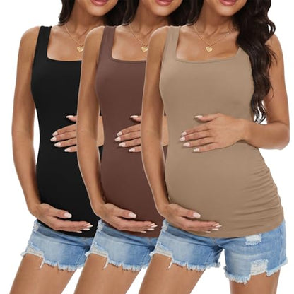 Ekouaer 3 Pack Maternity Tank Tops Square Neck Maternity Shirts - color: Brown/Khaki/Black, size: Medium