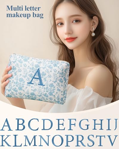 HBselect Initial Makeup Bag for Women Personalized Quilted Cosmetic Bag - color: 1Pc Medium Blueflower, style: B