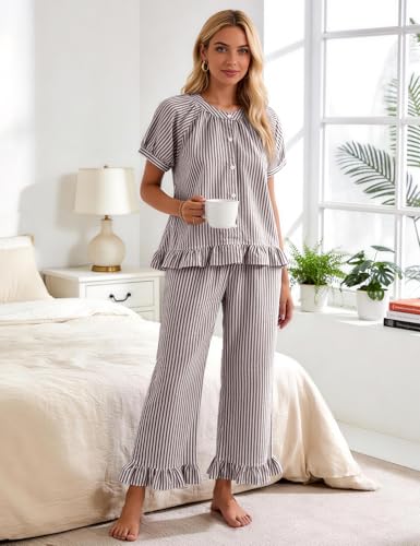 Flygo Womens Striped Pajama Sets Cotton 2 Piece Ruffle Lounge Pjs - color: Coffee, size: Small