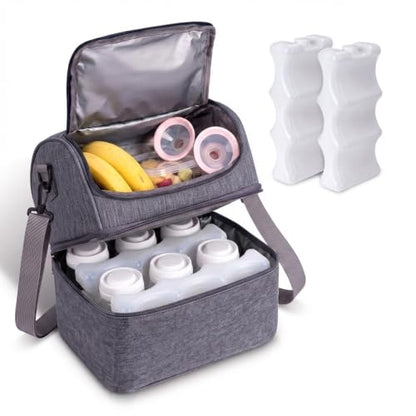 Breast Pump Bag with 2 Ice Packs Insulated Tote with Shoulder Strap - color: Gray