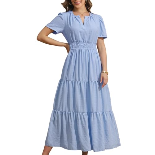 Rainday Maxi Dresses for Women Short Sleeves Casual Dress with Pockets - color: Z3918bu, size: Large