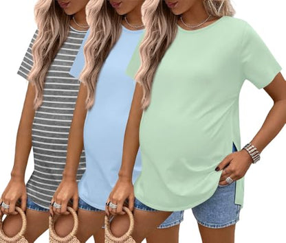 Ekouaer 3 Pack Maternity Shirts Short Sleeve Pregnancy Tops Summer Clothes - color: Green/Grey Stripe/Blue, size: X-Large