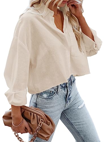 LAYOGAS Womens Crop Button Down Shirts Casual Long Sleeve Lapel Blouse - color: 02a-light Beige, size: Medium