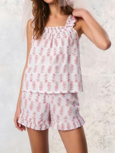 Women's Summer Pajama Set Cotton Ruffle Loungewear Sets - color: Pink Lotus, size: X-Large