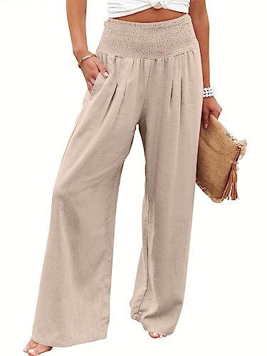 ANRABESS Women Linen Palazzo Wide Leg Pants with Pockets - color: Almond, size: Small