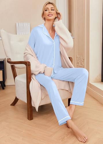 Ekouaer Pajamas Womens Long Sleeve Sleepwear Button Down Loungewear Pjs Set - color: Blue, size: X-Large