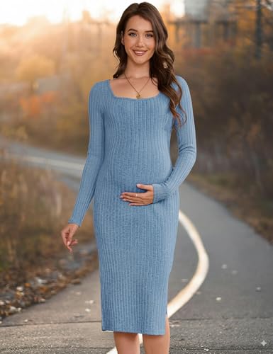 LAHILO Long Sleeve Knit Ribbed Maternity Sweater Dress for Fall Winter - color: Blue, size: Medium