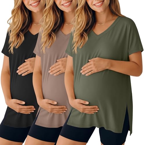 Ficerd 3 Pack Women's Maternity Shirts - color: Black, Coffee, Army Green, size: Small