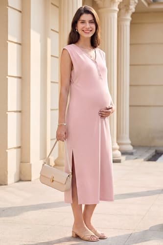 OUGES Women's Anti-Wrinkle Airy Layer Summer Maternity Dress V Neck Split Midi Nursing Dresses with Pockets 2026 - color: Pink, size: X-Large