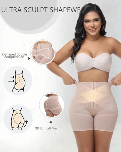 SHAPSHE High Waist Tummy Control Shapewear Shorts with Front Hooks - color: Tan, size: 3X-Large