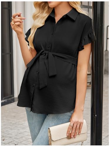 MakeMeChic Women's Maternity Nursing Work Blouse Pregnancy Ruffle Tops - color: Black, size: Medium