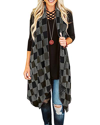 Ivay Womens Plaid Open Front Sweaters Sleeveless Duster Cardigans Drape Lightweight Vest Coat with Pockets - color: Grey, size: Large