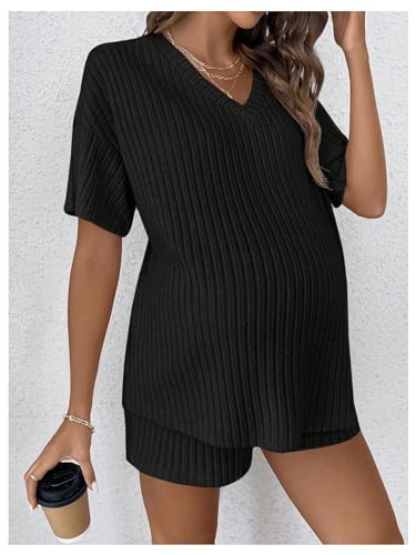 MakeMeChic Women's Maternity 2 Piece Sets Ribbed Shirt and Biker Shorts - color: Black, size: Medium