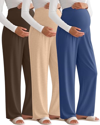 3 Pack Women's Maternity Lounge Pants with Pockets - color: Brown, Apricot, Blue, size: Large