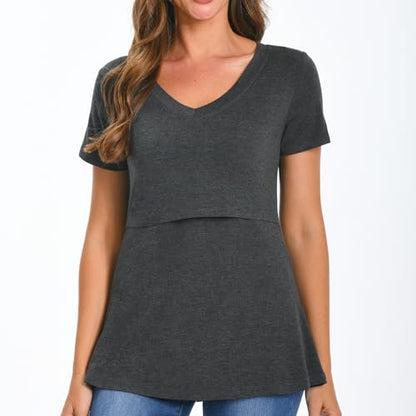 Bearsland Womens 3 Packs V Neck Nursing Tops Maternity Breastfeeding Tee Shirts - color: Black+gray+blue（3pcs）, size: Medium