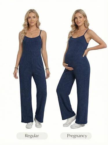 BLENCOT Maternity Ribbed Jumpsuit Stretchy One Piece Wide Leg Romper - color: Navy Blue, size: Medium