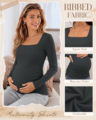 Huukeay 4 Pack Women's Maternity Shirts Ribbed Pregnancy Tops - color: Black, Brown, Light Khaki, Dark Gray, size: Medium