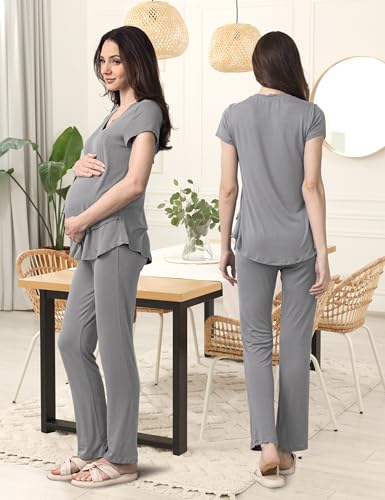 SUNNYBUY 3 PCS Maternity Breastfeeding Pajamas Set with Hidden Nursing Top - color: Gray, size: Small