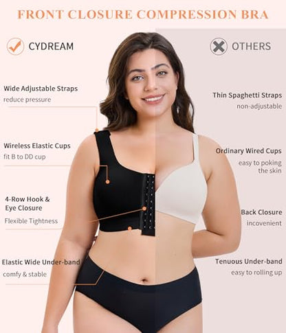CYDREAM Wireless Front Closure Bra for Women Compression Back Smoothing Post Surgery Bra Adjustable Straps - color: Black, size: 3X-Large
