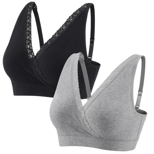 Wireless Cotton Nursing Bra for Sleep& Maternity, Pregnancy Breastfeeding Top, Adjustable Straps, Full Coverage - color: Black+grey/2pack, size: Medium