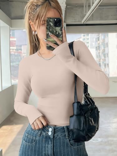 3 Pack Long Sleeve Shirts for Women Basic Crew Neck Tops Thermal T-Shirts - color: Black/Brown/Beige, size: Medium