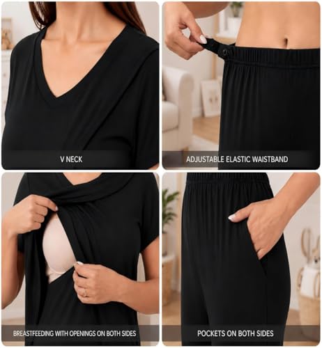 Rnxrbb 3 PCS Women Nursing Pajamas Set Postpartum Maternity Pj with Pockets - color: Black, size: Medium