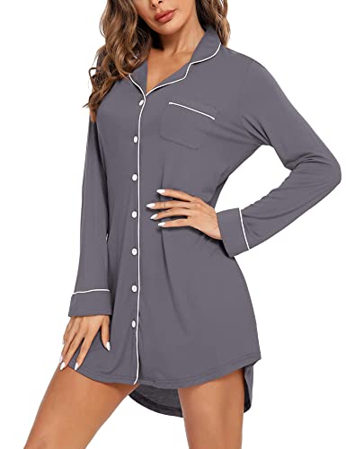 Anjue Long Sleeve Button Down Pajama Nightgowns for Women - color: 101iron Grey, size: Medium