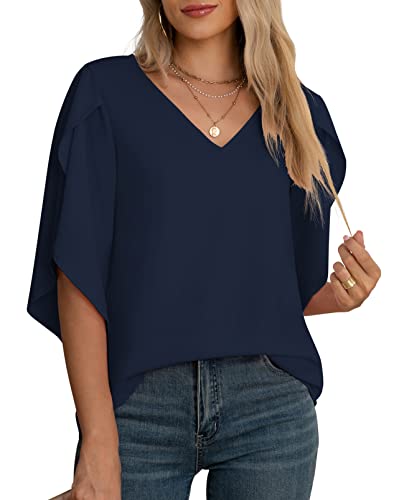 Jouica Women's 3/4 Ruffled Sleeve Blouses Summer Chiffon Casual Loose Tops - color: 01navy Blue, size: Small