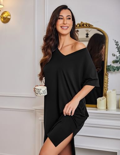 Ekouaer Womens Plus Size Nightgown Bamboo Viscose Short Sleeve Sleepshirt - color: Black, size: Medium