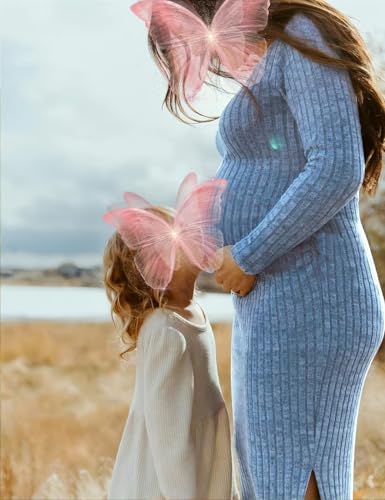LAHILO Long Sleeve Knit Ribbed Maternity Sweater Dress for Fall Winter - color: Blue, size: Medium