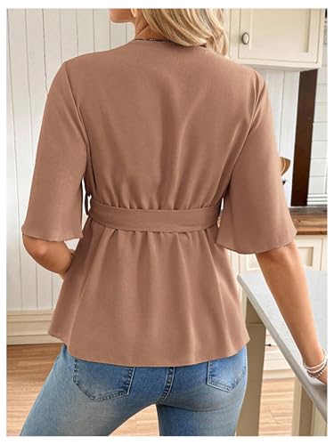 MakeMeChic Women's Maternity Nursing Blouse Wrap Belted Pregnancy Shirt - color: Mocha Brown, size: Medium