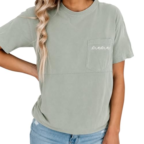 Zipper Breastfeeding Shirts for Women Distressed Maternity Tees with Pocket - color: Celadon Green, size: Large
