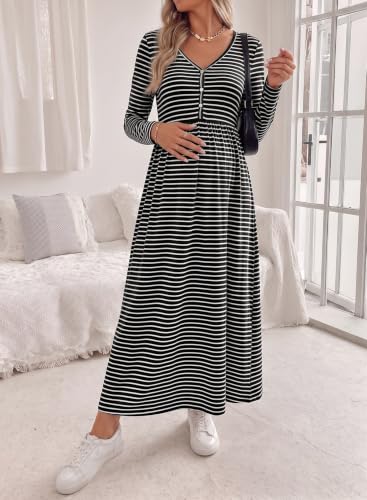 BLENCOT Maternity Dress V Neck Long Sleeve Striped Button Down Maxi Dresses - color: Black, size: Medium