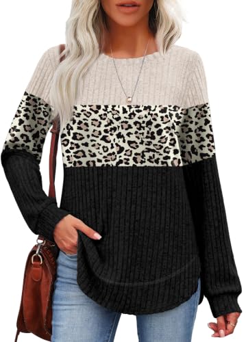 OFEEFAN Womens Sweaters Crew Neck Tunic Tops Long Sleeve Shirts Curved Hem - color: B-leopard Black, size: Small