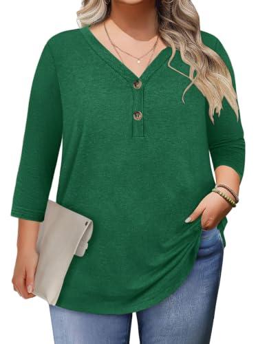 Womens Summer Plus Size 3/4 Length Sleeve Tops Button Down Shirts L-4XL - color: Green, size: 3X-Large