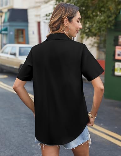 HOTOUCH Women Cotton Button Down Shirts Short Sleeve Linen Blouses Tops - color: A02-black, size: X-Large