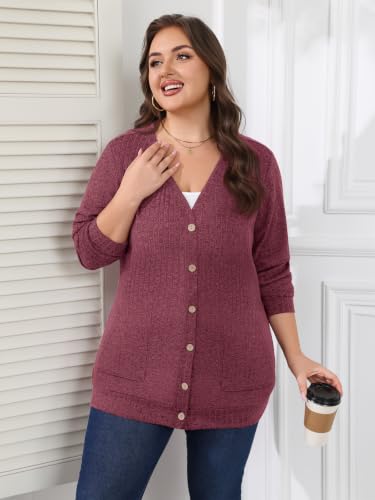 Lastshe Women Plus Size Cardigan Fall Thin Sweaters with Pockets 1X-5X - color: Red, size: 1X