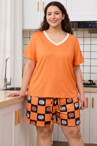 Plus Size Women Pajama Sets Summer Shorts Sleepwear V Neck PJS - color: Pumpkin, size: 5X-Large