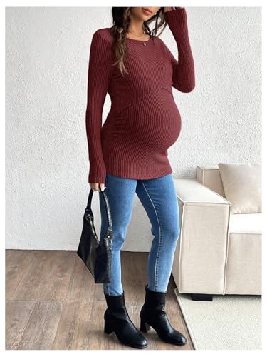 MakeMeChic Women's Maternity Shirts Nursing Top Fall Maternity Clothes - color: Burgundy, size: Small