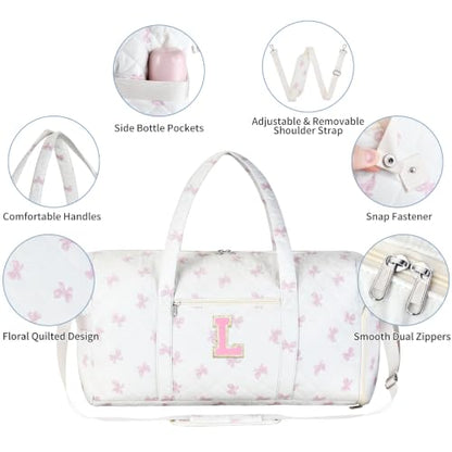 Personalized Quilted Duffle Bag for Travel Gym Weekender Hospital Carry On - color: Pink Bow, size: L