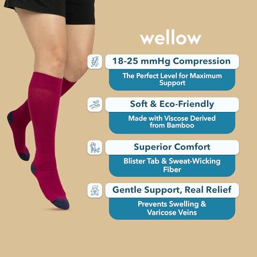 Wellow Knee High Compression Socks for Men & Women, 18–25 mmHg - color: Black - Solid, size: Small