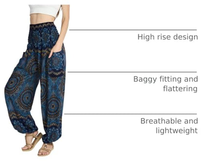Tranquil Threads High-Waisted Boho Harem Yoga Pants for Women - color: Purple Flower, size: Medium