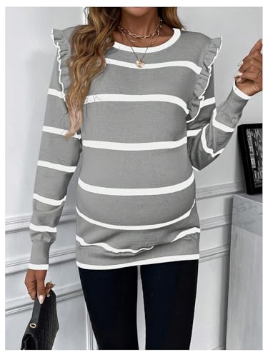 BEAUDRM Women's Maternity Sweater Striped Pattern Round Neck Long Sleeve Ruffle Tops - color: Dusty Blue, size: Small