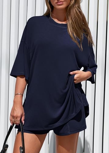 KIRUNDO 2 Piece Sets for Women Summer Lounge Sets Casual - color: Navy Blue, size: Small