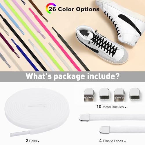 Stepace 2 Pairs Flat Elastic No Tie Shoe Laces for Kids and Adults Sneakers - color: White