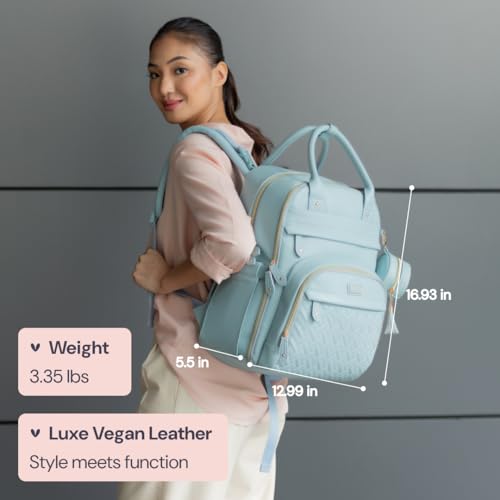 BabbleRoo Leather Diaper Bag Backpack - Baby Essentials Travel Baby Bag, Multi function, Water Resistant, with Changing Pad, Stroller Straps & Pacifier Case – Unisex, Powder Blue - color: Vegan Leather Powder Blue, size: Large