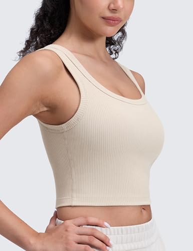 CRZ YOGA Ribbed U Neck Crop Tank Tops - color: Mojave Tan, size: Large